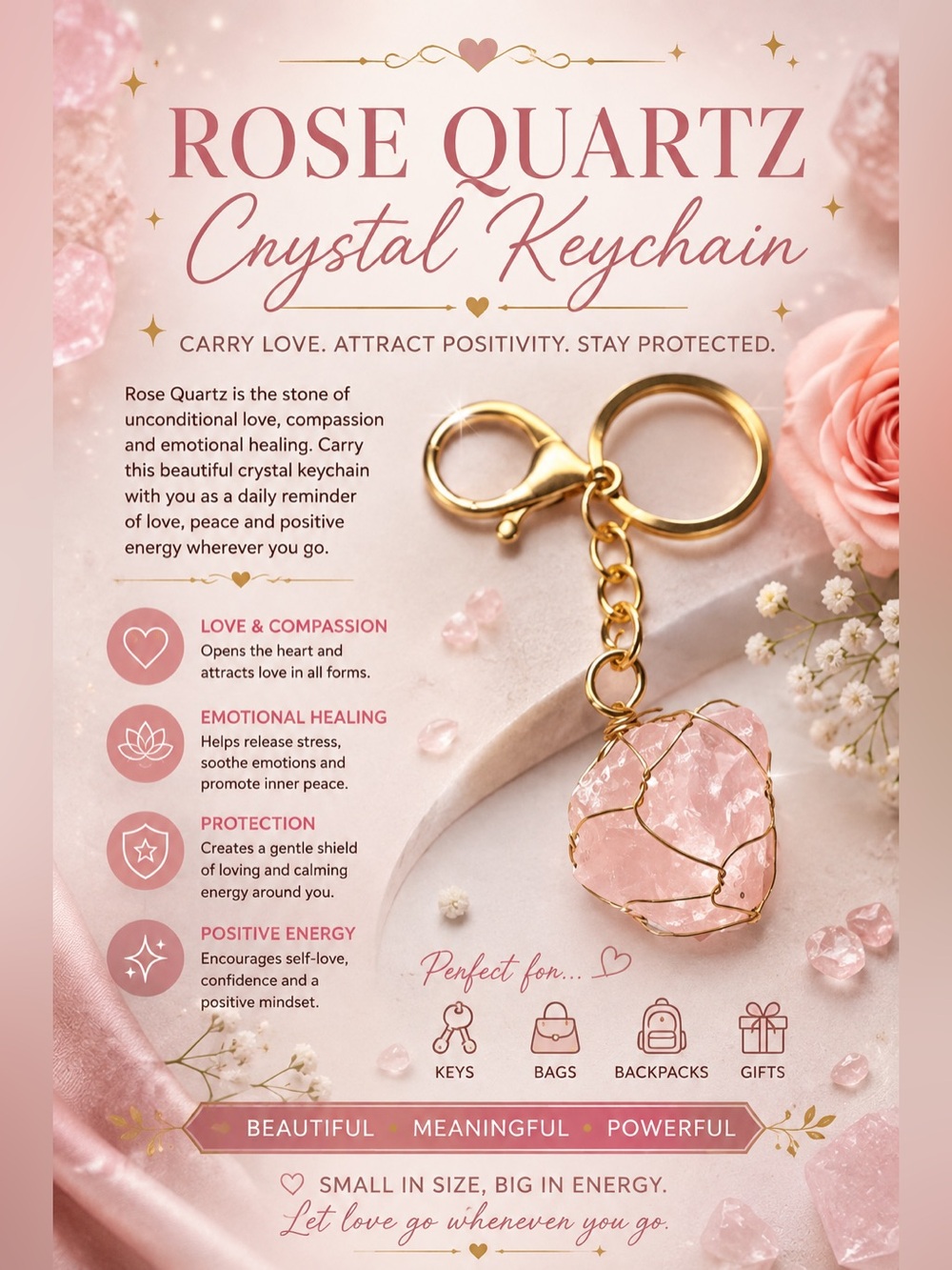 💖Rose Quartz Crystal Keychain💖